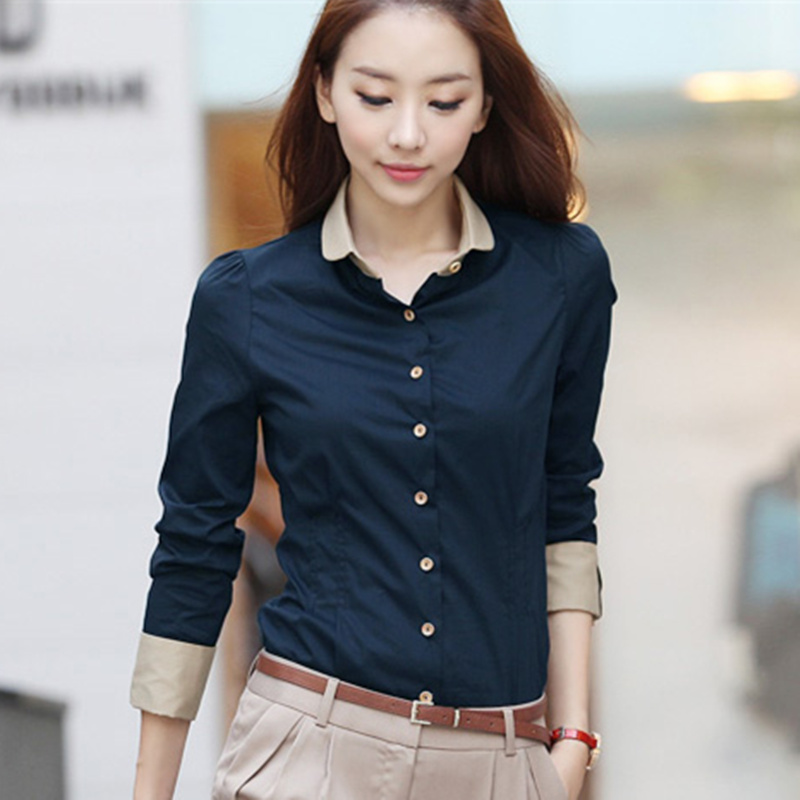  new 2015 female body Women blouse shirt button cotton long sleeve basic slim shirt ladies work wear formal dark blue office top