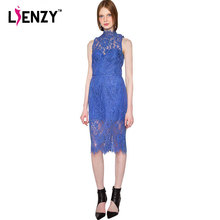 LIENZY Spring New 2016 Retro Women Lace Dress Blue Turtleneck Perspective Slits Lace Hem Midi Dress Party Evening Elegant