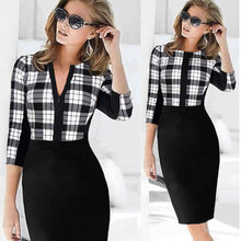 2016 Womens Elegant Black Patchwork font b Tartan b font Check Plaid Dresses OL Business Work