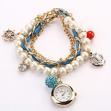 Girl s Splendid Faux Leather Pearl Rhinestone Anchor Bracelet Quartz Wrist Watch