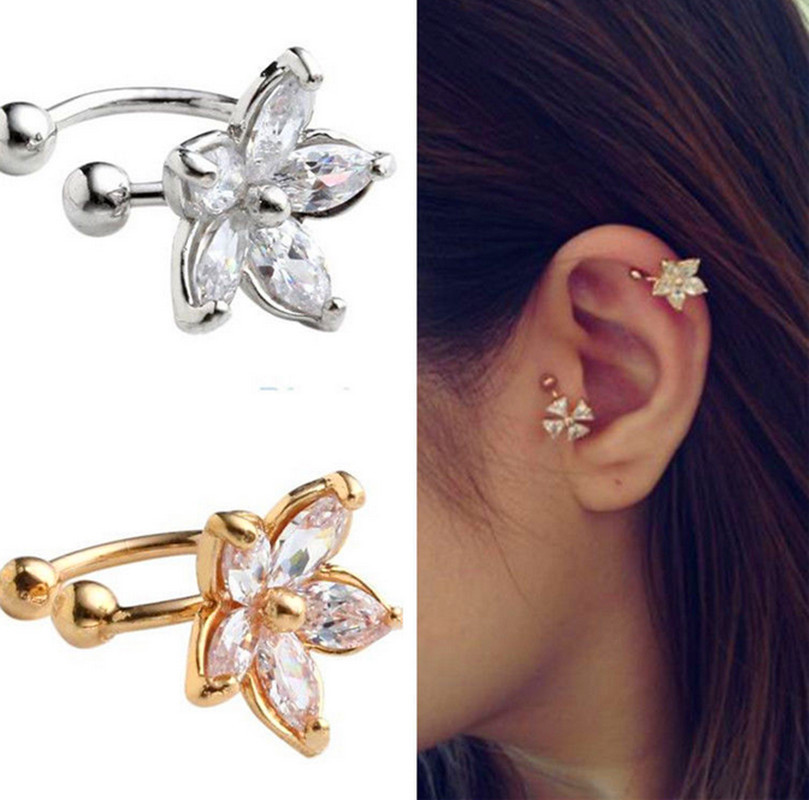 1PC Women s Fashion Cz Crystal Flower U Shape Ear Cuff Clip on No Piercing Earring