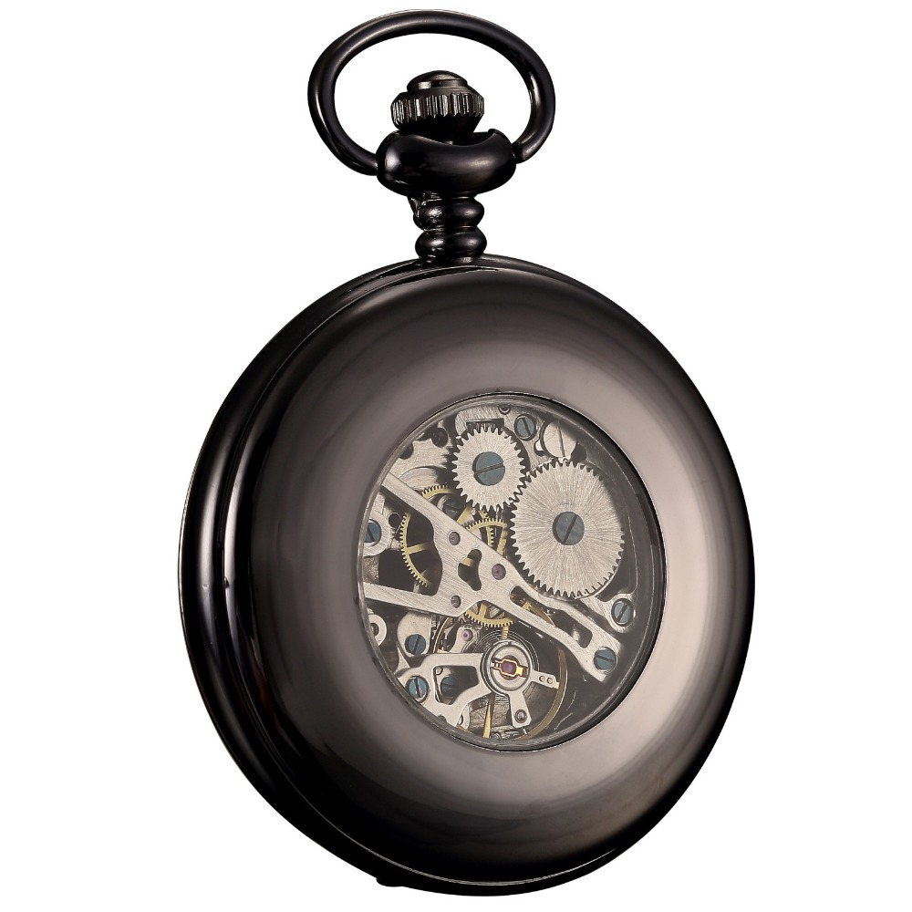 KS Antique Black Skeleton Dial Black Alloy Case Analog Hand Wind Clock Necklace Steampunk Men Mechanical