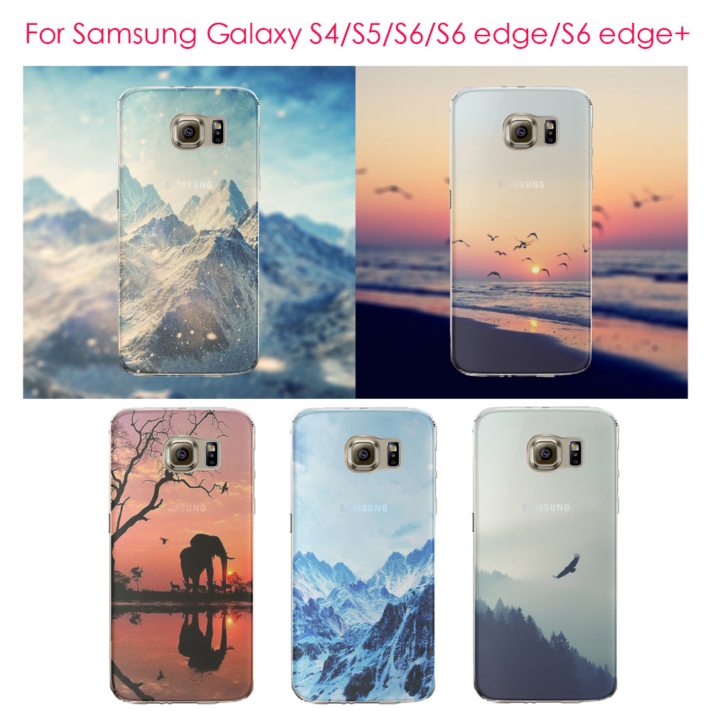 Phone Case Cover for Samsung Galaxy S4 S5 S6 S6Edge S6Edge+ Soft Silicon Half Transparent Painted Snow Mountain Animals Cases