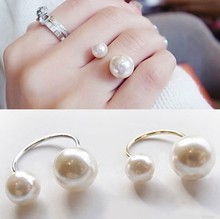 2015 New Fashion Jewelry Adjustable double simulated pearl ring For women One Big One Small