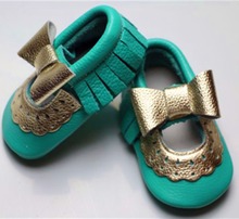 100 pairs/lot Genuine Leather Baby shoes with gold bow