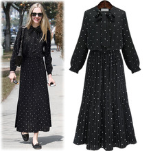 2016 New Polka Dot Printed Maxi Dress Women Long-sleeved Pleated Dress Bow Bohemian Long Dresses Women Dress Plus Size Vestidos