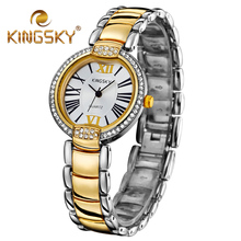 Diamond Roman Numerals Gold Quartz Kingsky Watch Dress 2015 Fashion Casual Alloy Lady Two Tone Classic