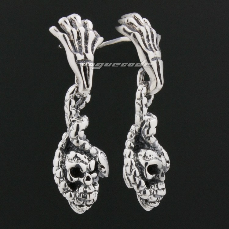 925 Sterling Silver Snake Skull Hand Mens Biker Rocker Stud Earring 8R004_#pair