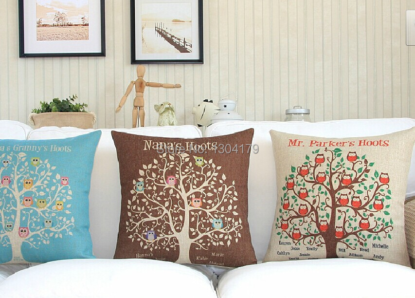 Free Shipping NEW Colorful Drawing Owl Linen cotton pillow cover/ cushion cover sofa cushion office nap cushion 3pcs/lot