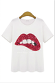 2016 Summer Women cotton T shirt Top Short sleeve T shirt red green lip handmade bead