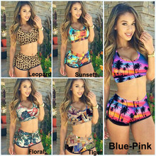 Retro Tankinis Women Bandage Swimsuit Tankini Sunset Coconut Palm 3D Printed Racerback Vest Tank Tops Bra Shorts Sports Swimwear