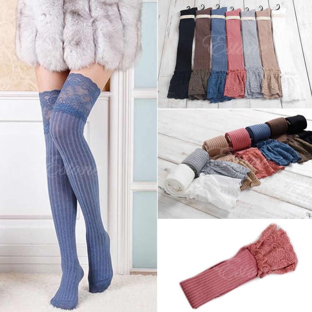 Free shipping Womens Lace Knitting High Socks Over Knee Thigh Pantyhose Warm