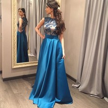 Arabic A Line Evening Dresses 2016 robe oriental arabe O Neck Floor Length Appliques Satin Party Dress