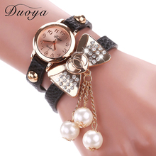 Duoya Brand Hot Fashion Butterfly Bow Pearl Casual Leather Bracelet Wristwatch Women Dress Cheap Jewelry Electronics Watch XR533