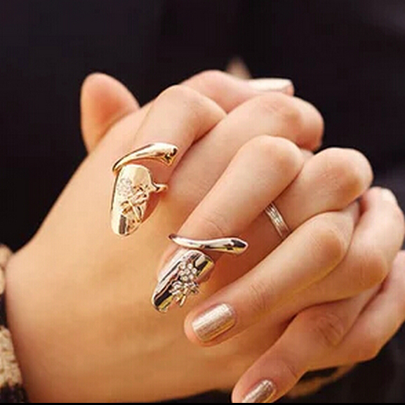 2015 Hot Fashion Punk Summer Style Gold Silver Finger nails Ring With Crystal Dragonfly Fine Jewelry
