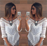 New fashion 2015 Women\'s sexy v-neck hollow out handmade knitted crochet beach tee top