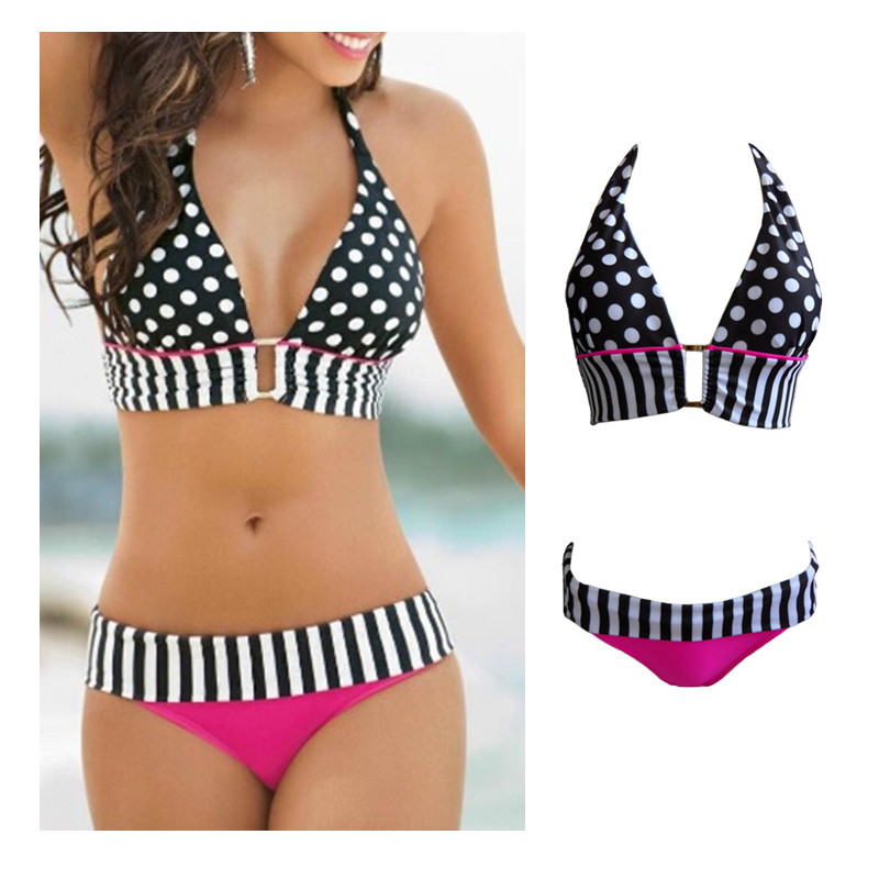 Retro Brazilian Swimsuit Stripe Dotted Women Vintage Swimwear Bikini Lady s Swimsuit Lace up Summer Bathing