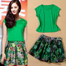 2016 Summer Star Slim Popular Women Short Sleeve Cotton T-shirt and Polyester Print Skirt Zipper Two piece Suit Women Set 6155