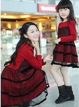 Fashion Slim Family Long-Sleeve Mesh Dress for Girls & Women Spring and Autumn Lace Dress for mother and daughter FLQ30
