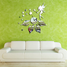 Hot New Hot 3D Clock Star Fairy Design Mirror Effect Wall Sticker Modern Room Decor home decoration drop shipping
