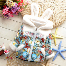 2015 girls warm coat baby winter long sleeve flower jacket children cotton padded clothes kids christmas