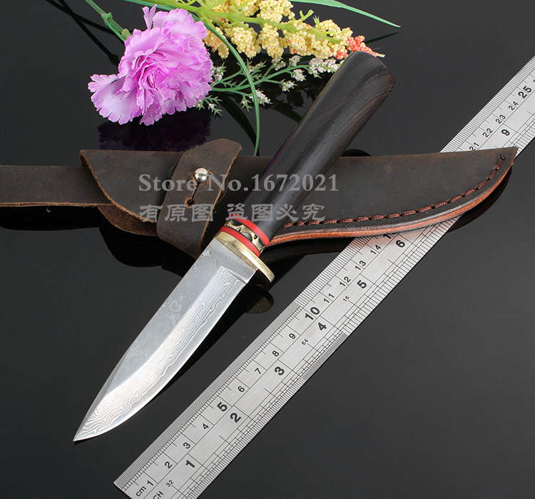 VG10 Damascus steel fixed hunting knife natural ebony handle outdoor survival knife tactical tool send leather