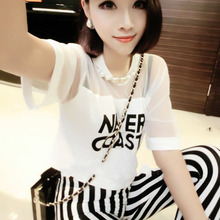 2015 New Sexy Women Girls Loose Crop Top T Shirt Crew Neck See through Gauze Tops