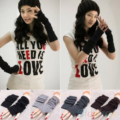 Women Fashion Knitted Arm Fingerless Long Mitten Wrist Warm Winter Gloves 1PXW 49M5