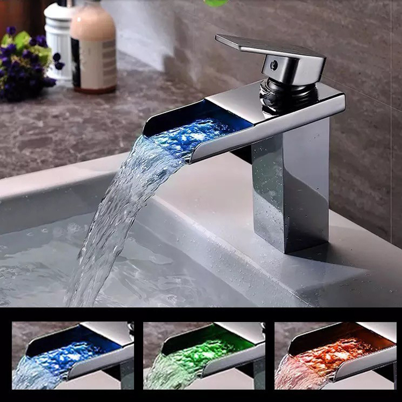 Free shipping soild brass chrome finish bathroom faucet 3 color led waterfall washbasin faucets square spout tall tap LT-501