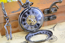 Dark Copper Skeleton Mechanical Pocket Watch Semi transparent Steampunk Antique Skeleton Mechanical Hand winding Pocket Watch