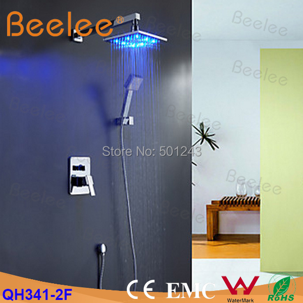 Wall Mounted Chrome Concealed LED Shower Set  Bathroom Rain Shower Set w/ 8 Brass Rainfall Shower Head + LED Square Hand Shower