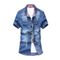 Fashion Men s Dress Denim Short Sleeve Shirt Men Slim Patchwork Wash Casual Jeans Shirt Cowboy