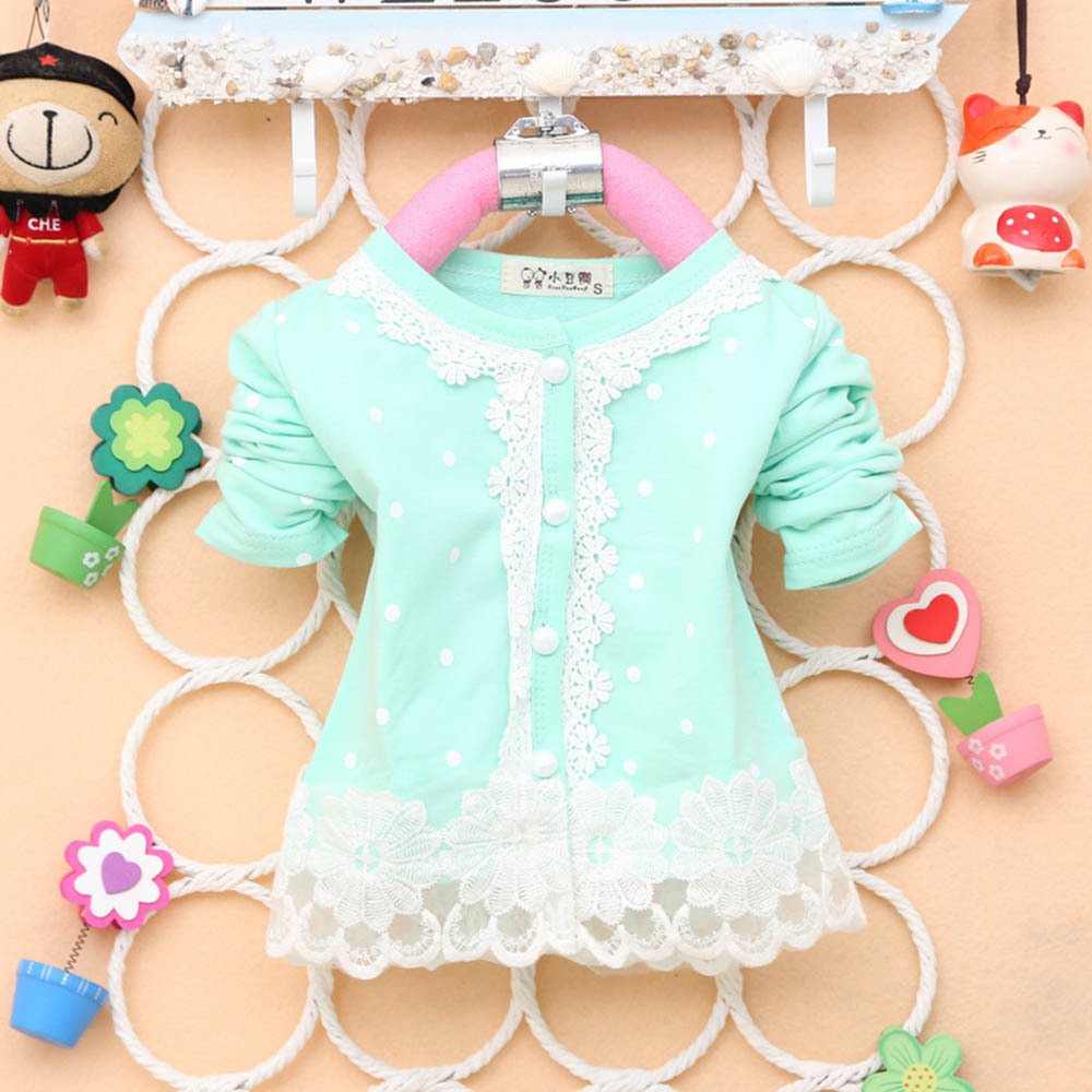 2 4Y Baby Kid Girl Blouse Polka Dots Shirt Long Sleeve Lace Pearl Shirt Cardigan