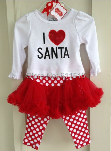 2013 new I LOVE SANTA Christmas Girls skirt suit gril 2 pieces suit=white long sleeve T-shirt + white red dots  pantskirts