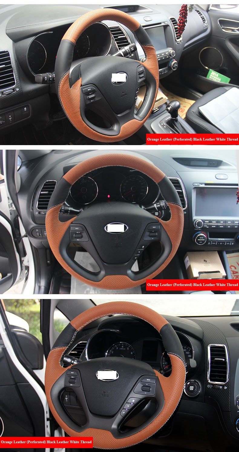 for Kia K3 Orange Leather Black Leather White Thread Steering Wheel Cover