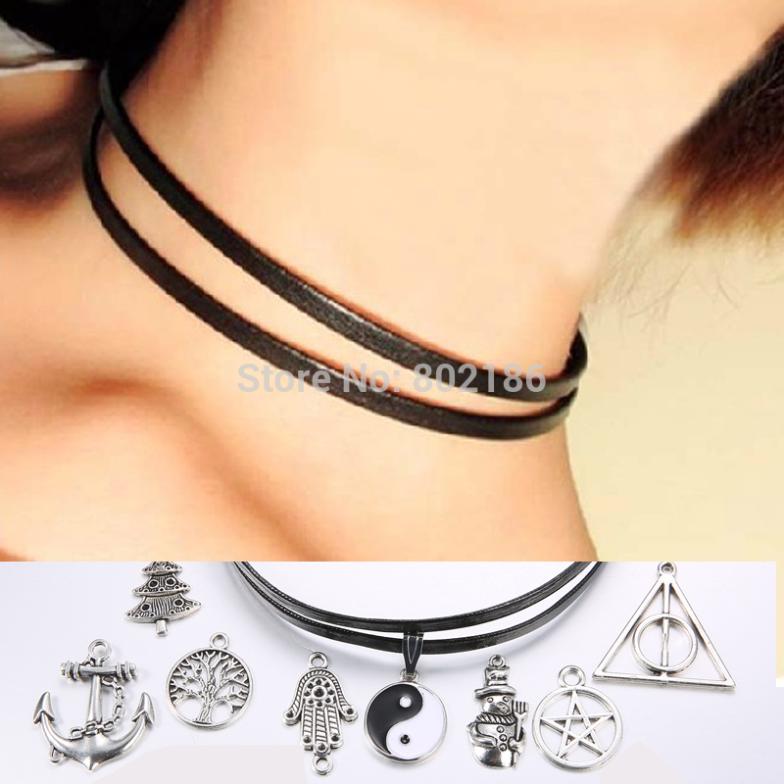 Celebrity Double Layer Black Leather Choker Necklace Gothic Adjustable Chain Charm Pendant Vintage Jewelry