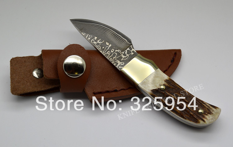 Hand made Damascus Steel Blade And Deer Horn Handle Fixed Knife Elk Ridge Small Damascus Knife