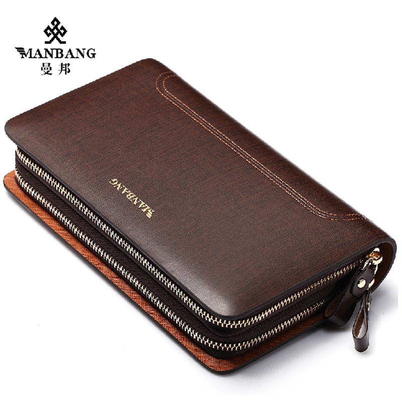 2015 NEW Business Mens Genuine Leather Clutch Double Zipper Large Capacity With Card Cash Money Cion