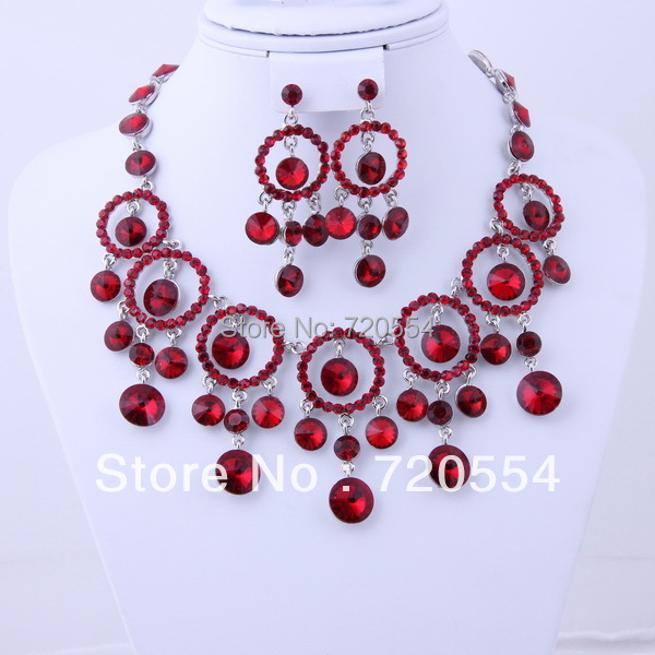 Free Shipping India Costume Red Rhinestone Beads Necklace Earrings Sets Fashion Silver Plated Women Costume Jewlery