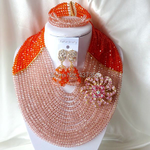 15 layers Orange and Peach Crystal Necklaces Bracelet Earrings Nigerian African Wedding Beads Jewelry Set  CPS-2314