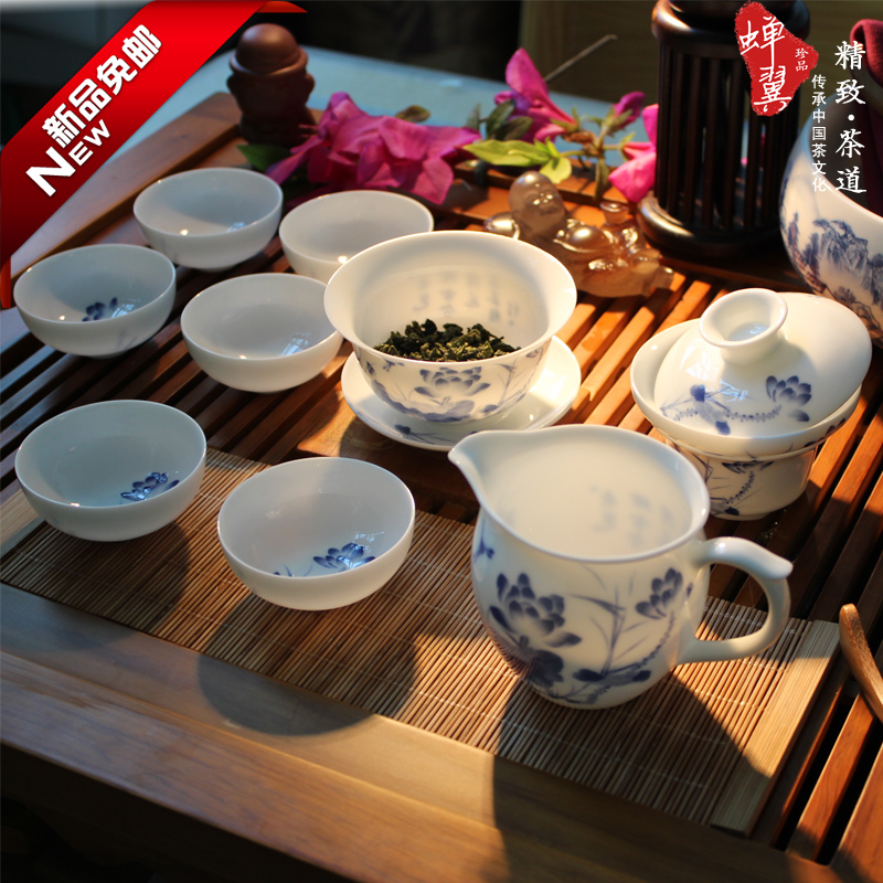 free shipping high quality Eggshell blue and white tea kung fu tea set white porcelain tea