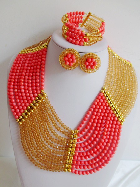 Fashion costume nigerian wedding african beads jewelry set gold crystal and pink coral beads jewelry set ABD694