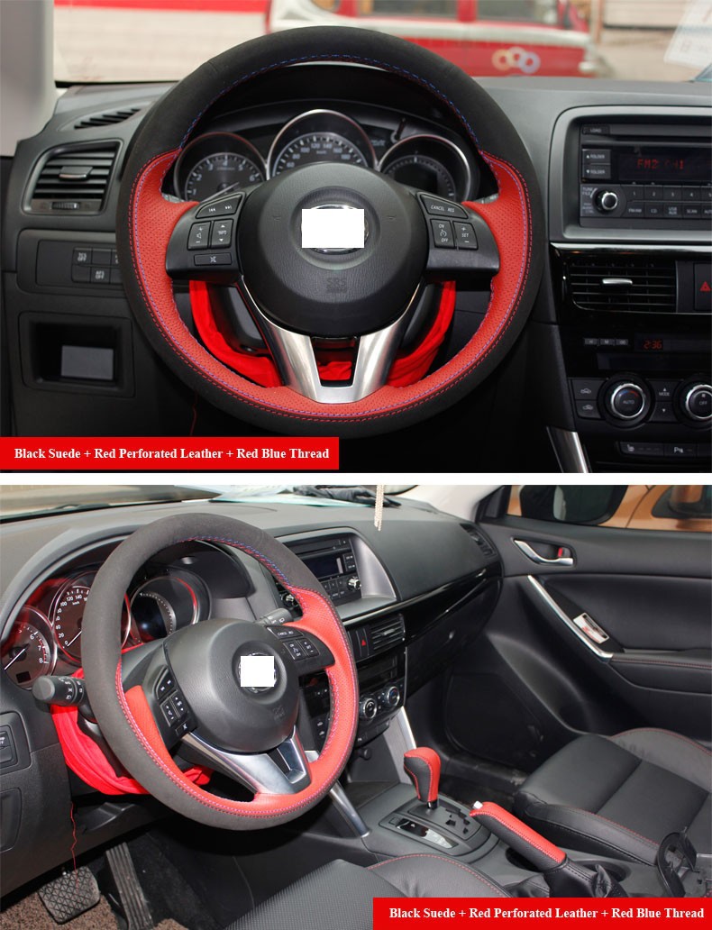 for Mazda CX-5 CX5 Mazda Atenza 2014 Mazda 3 Red Leather Black Suede Steering Wheel Cover Red Blue Thread