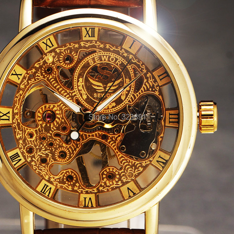 2015 new hot sale skeleton hollow fashion mechanical hand wind men luxury male business leather strap