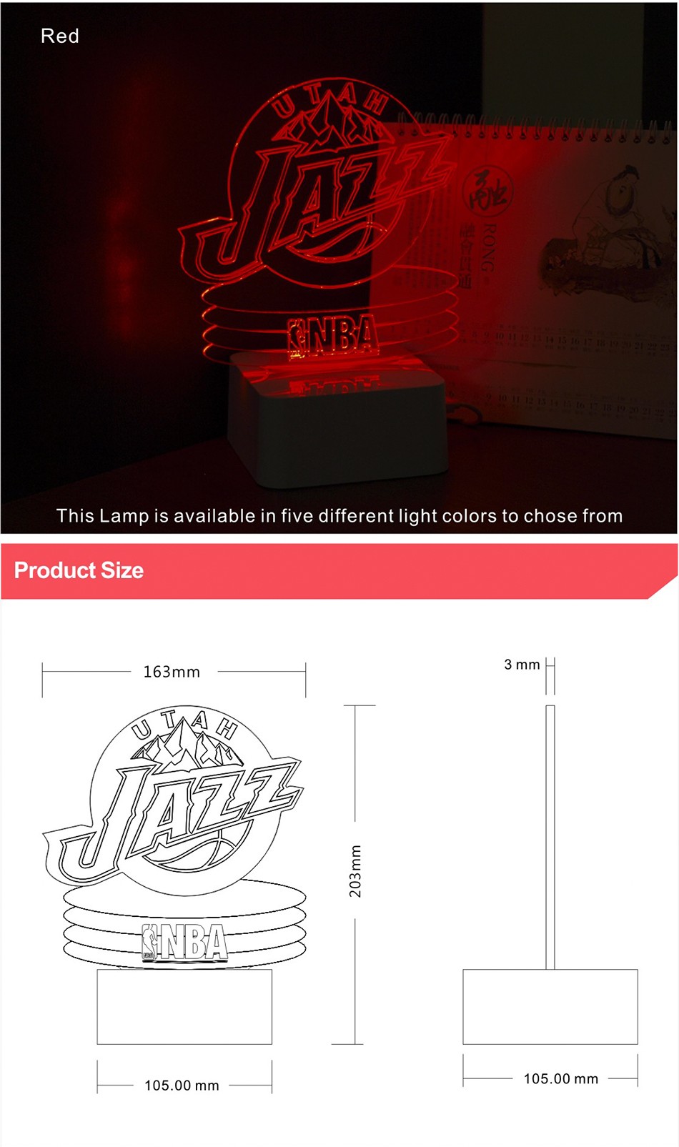 CNHIDEE Micro USB Utah NBA Lamp for Jazz Basketball Shaped 3D Night Light as Led Luz De Noche (5)