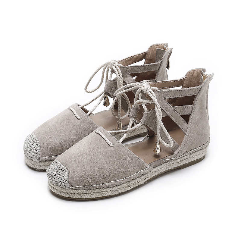 2017 SpringAutumn Mujeres alpargatas holgazán Punta Redonda Cómoda Cáñamo Inferior Zapatos Frisherman Cortada Encaje Hasta Zapato Mujer Negro en Mocasines