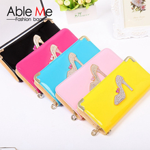 New 2015 brand fashion bright skin Candy color High heeled shoe pattern women s wallets purse