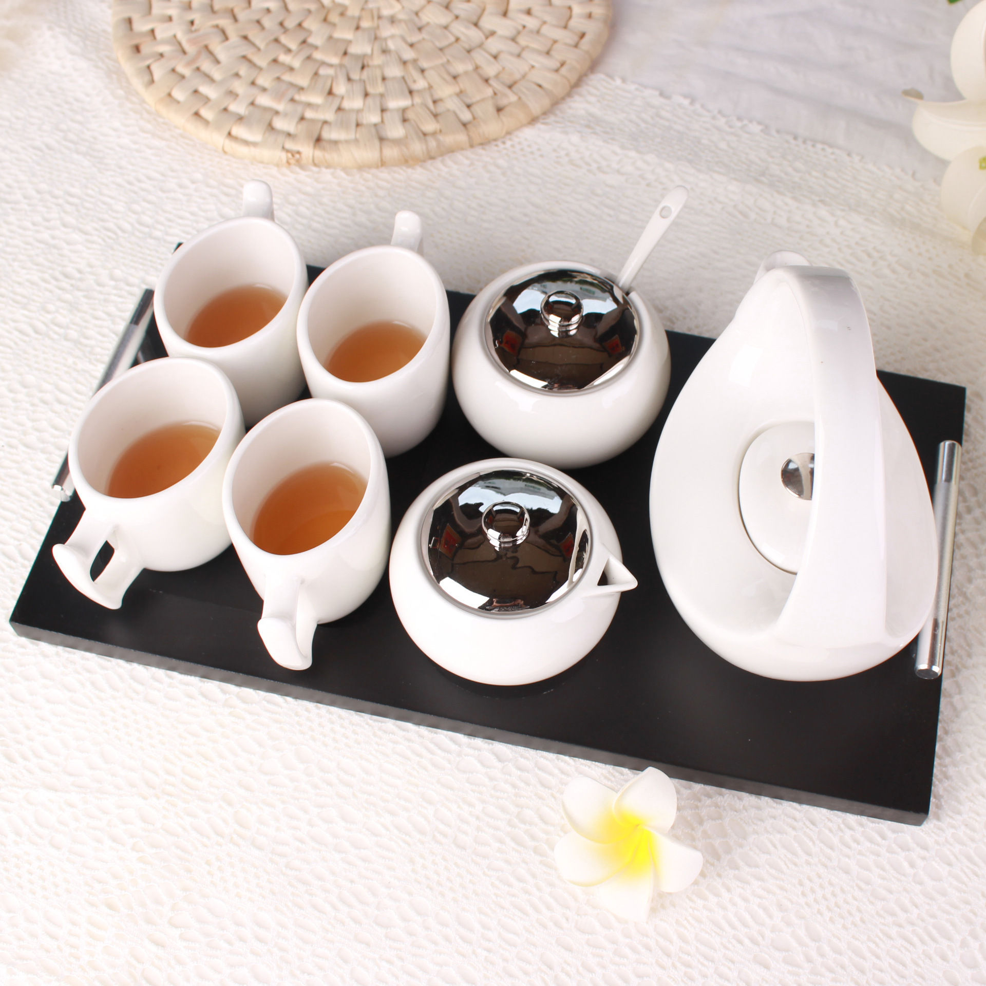 Ceramic Coffee Cup Set Stainless Steel Filter Business Gifts Exquisite Tea Cups Teapot With Wood Tray