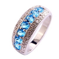 Generous Fashion New Lady Round Cut Blue Topaz 925 Silver Ring Jewelry For Women Size 6 7 8 9 10 11 12 Free Shipping Wholesale