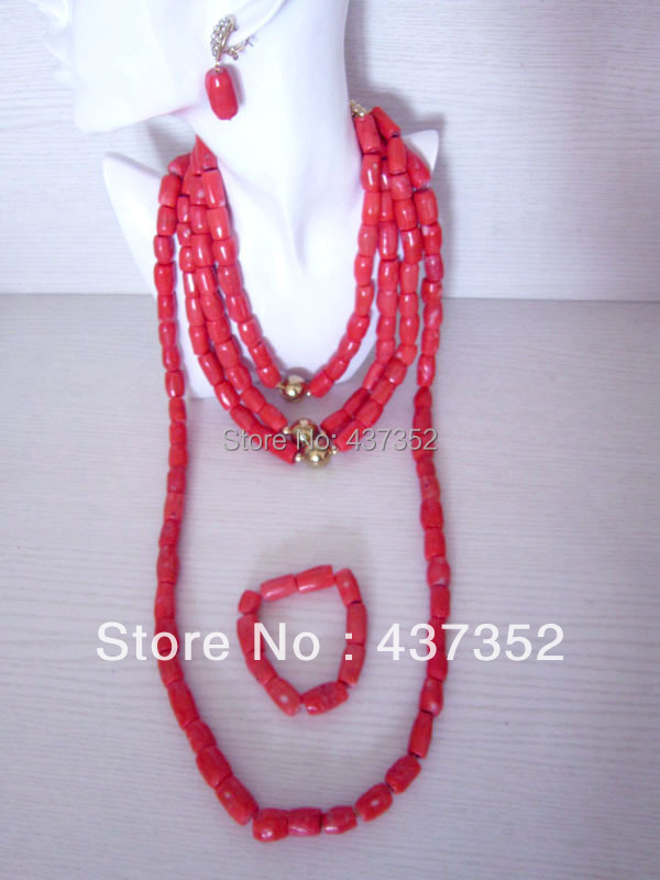 New Design Fashion Nigerian Wedding African Pink Coral Beads Jewelry Set Necklace Bracelet Clip Earrings CWS-169